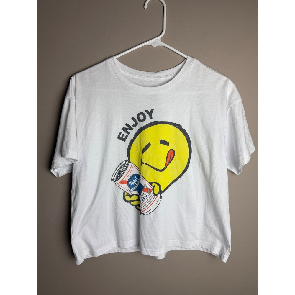 Pabst Blue Ribbon PBR Smiley Face Graphic Crop T-Shirt White Medium